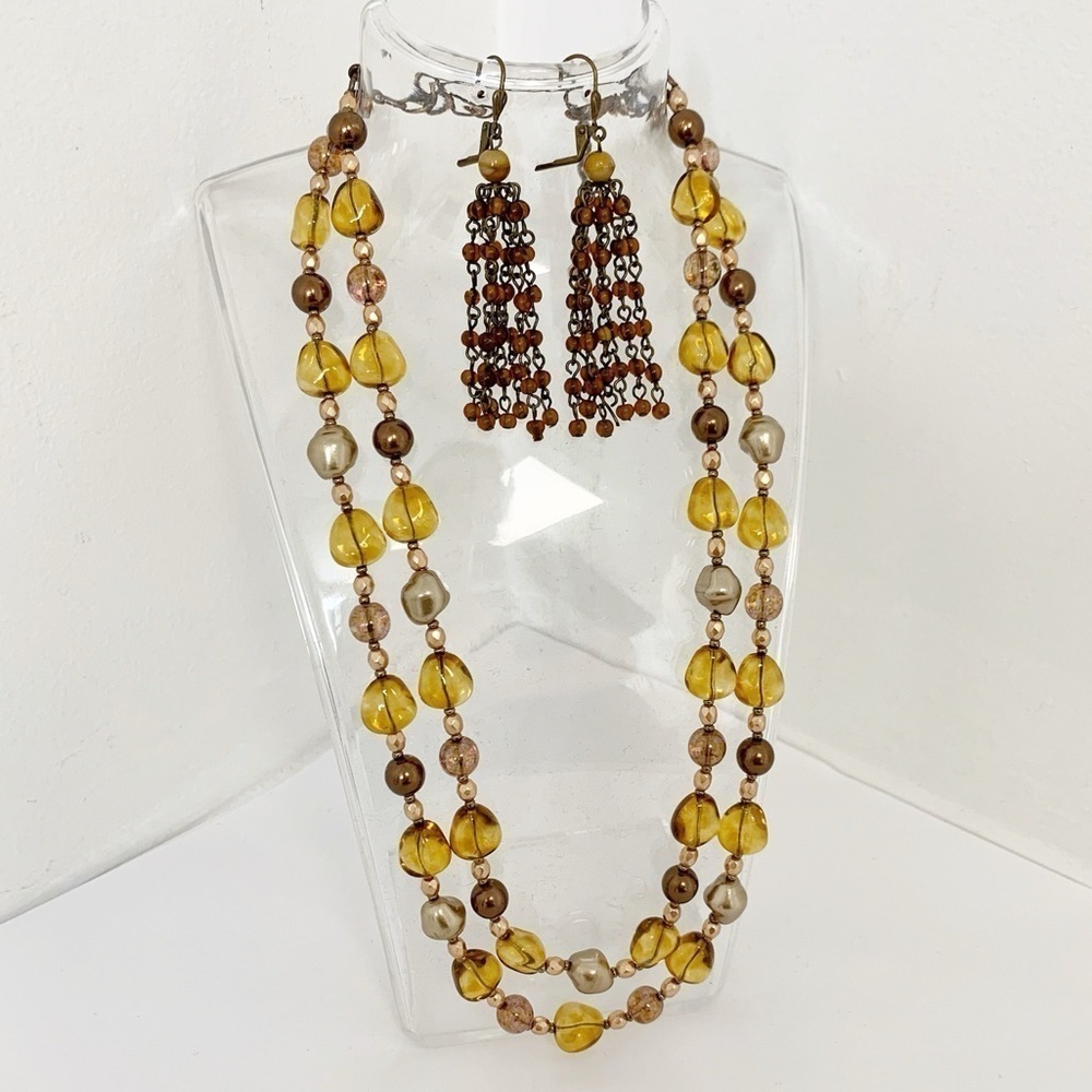 Vintage Brown honey Bronze Art Glass Beaded Double Necklace tassel earrings set